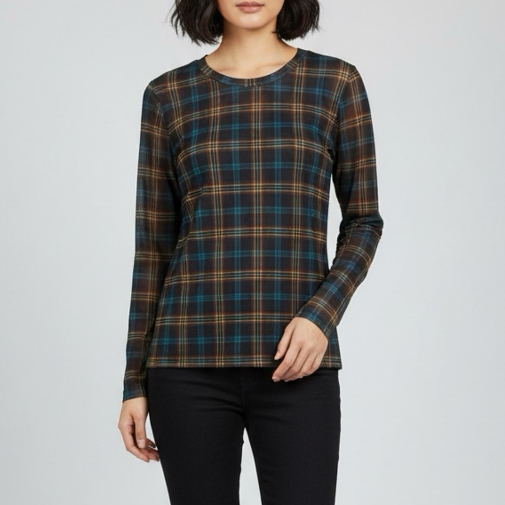 Blue and Brown Plaid Sheer Long Sleeve Women's Top